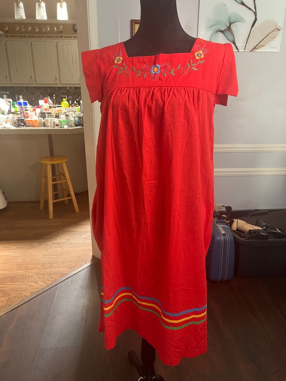 Red Embroidered Mexican-Style Midi Dress
